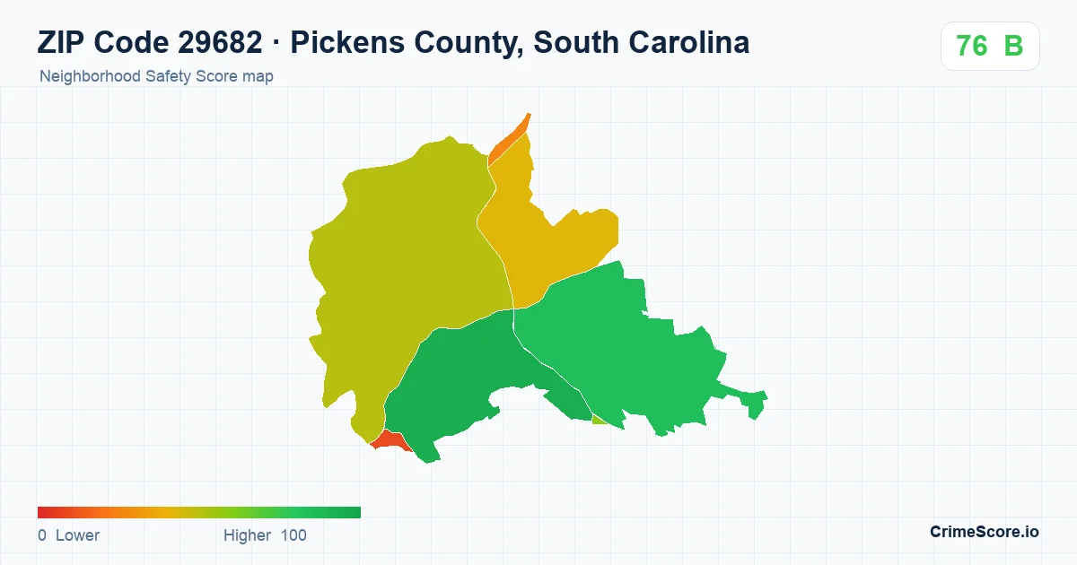 ZIP Code 29682 in Pickens County, South Carolina neighborhood Safety Score map