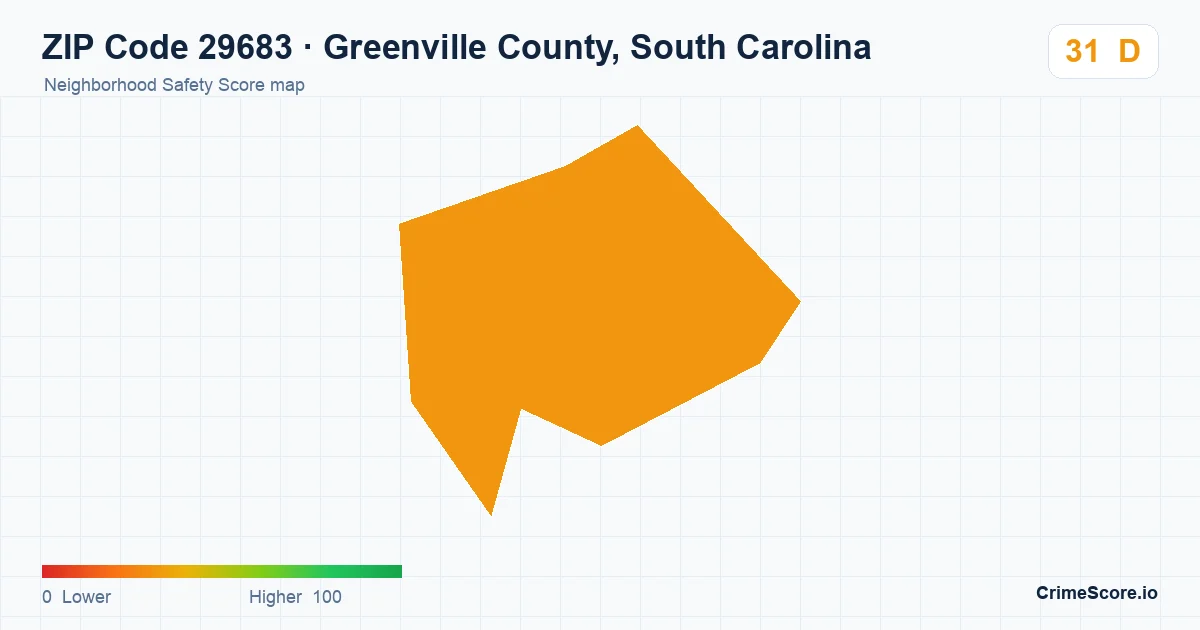 ZIP Code 29683 in Greenville County, South Carolina neighborhood Safety Score map