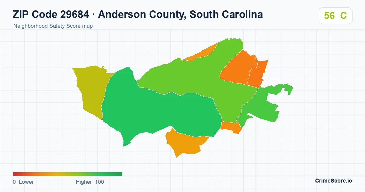 ZIP Code 29684 in Anderson County, South Carolina neighborhood Safety Score map