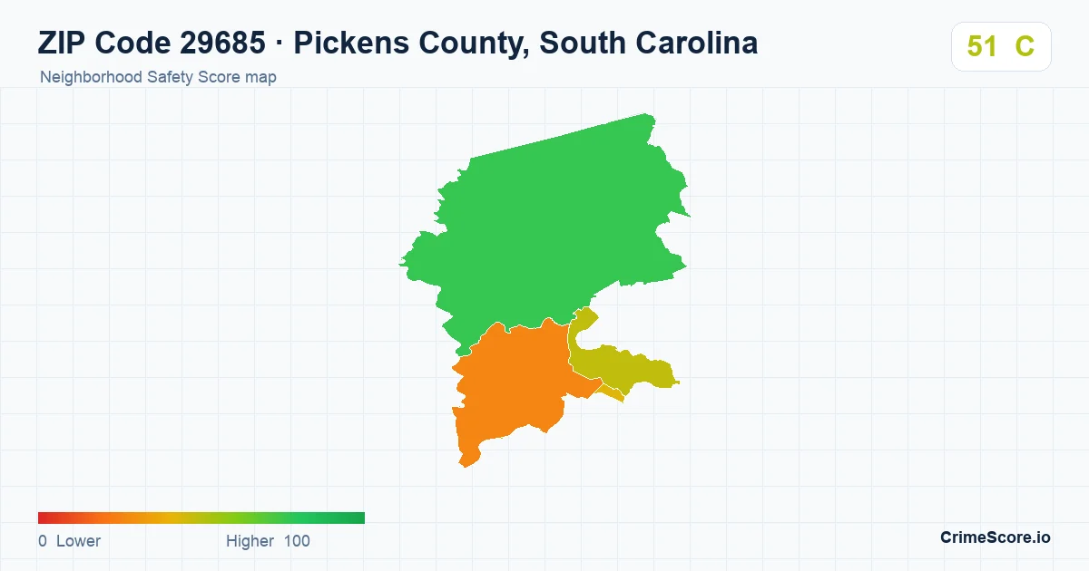 ZIP Code 29685 in Pickens County, South Carolina neighborhood Safety Score map