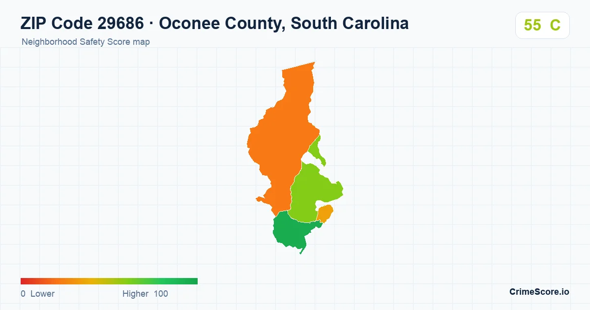 ZIP Code 29686 in Oconee County, South Carolina neighborhood Safety Score map