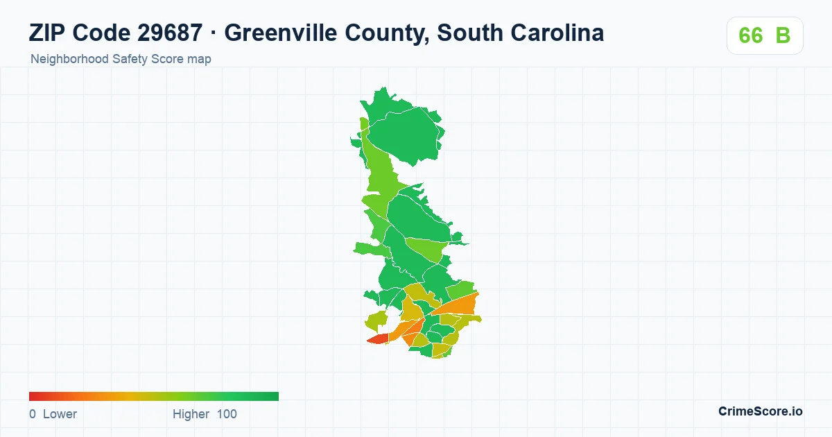 ZIP Code 29687 in Greenville County, South Carolina neighborhood Safety Score map