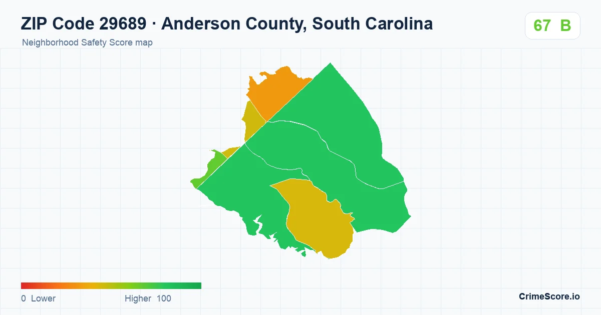 ZIP Code 29689 in Anderson County, South Carolina neighborhood Safety Score map