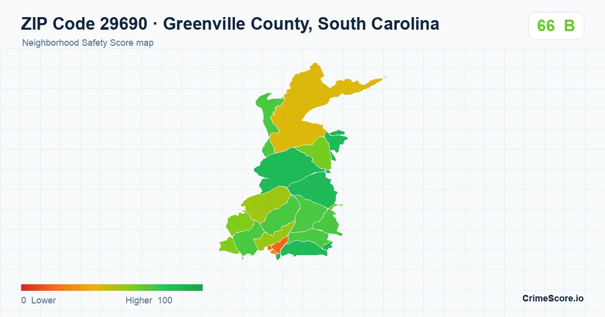 ZIP Code 29690 in Greenville County, South Carolina neighborhood Safety Score map
