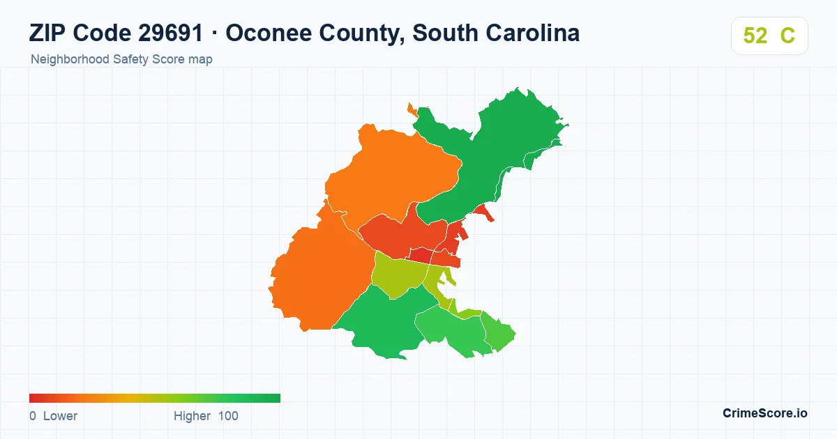 ZIP Code 29691 in Oconee County, South Carolina neighborhood Safety Score map