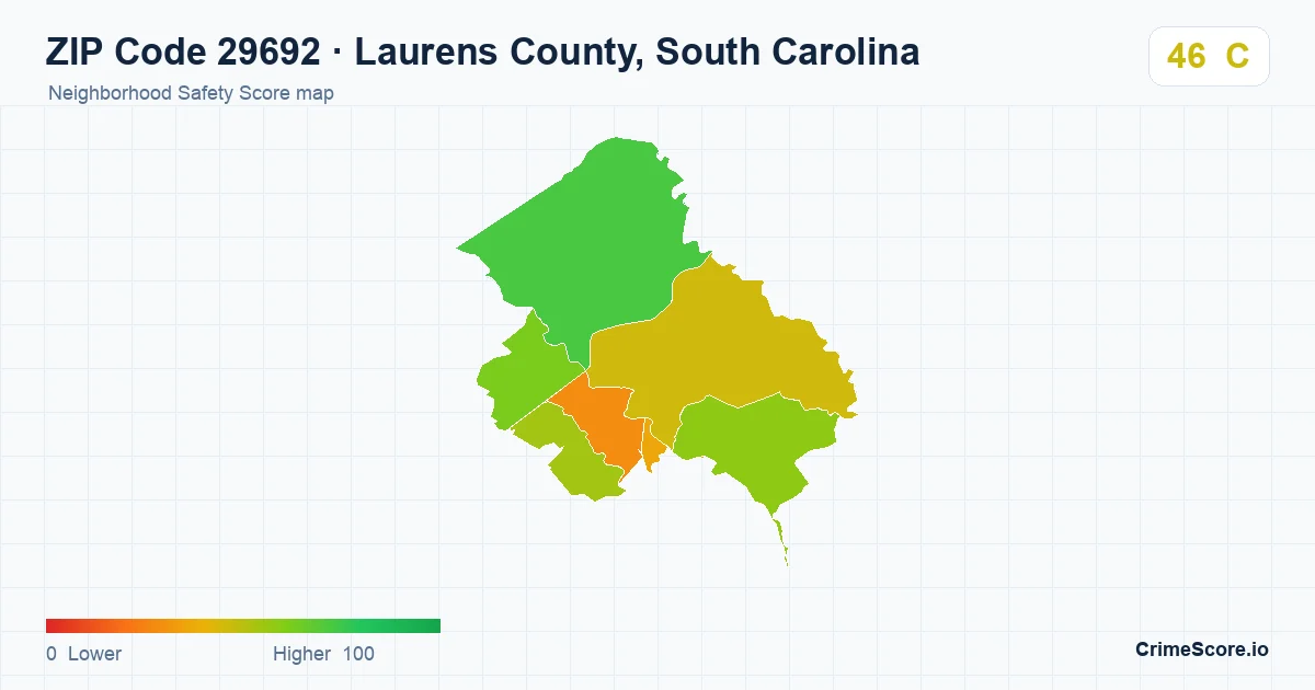 ZIP Code 29692 in Laurens County, South Carolina neighborhood Safety Score map