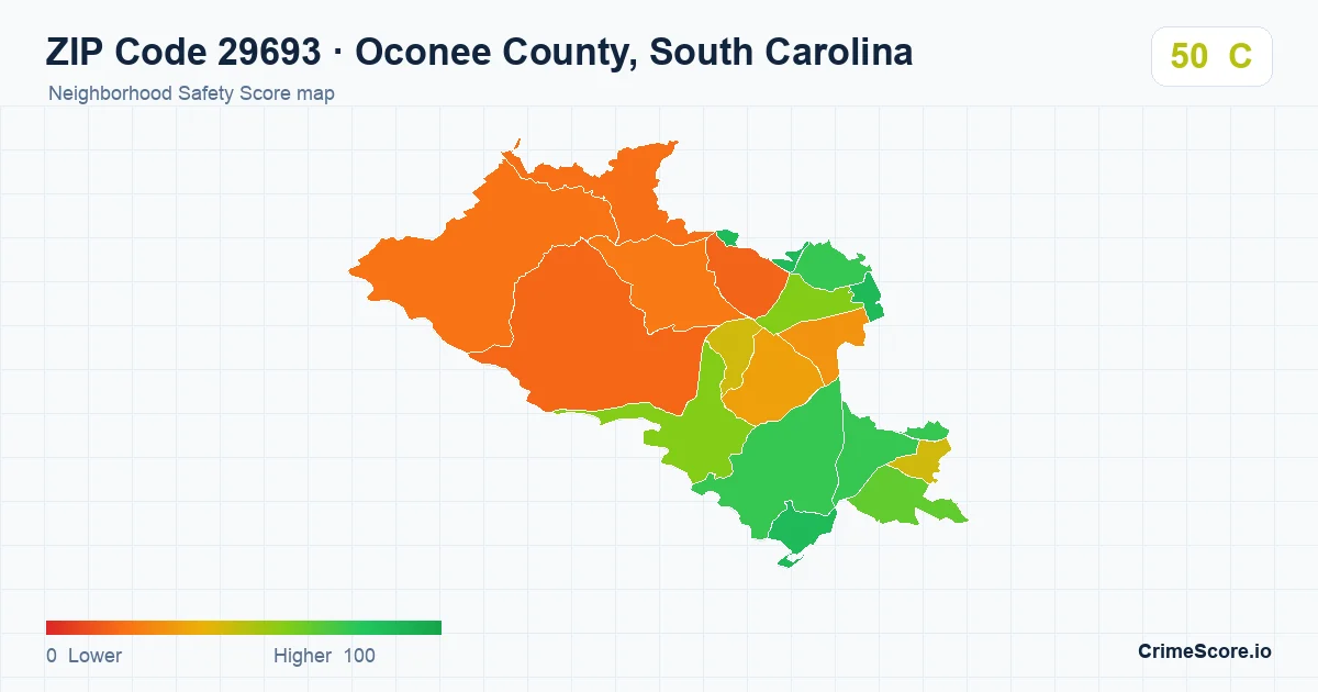 ZIP Code 29693 in Oconee County, South Carolina neighborhood Safety Score map