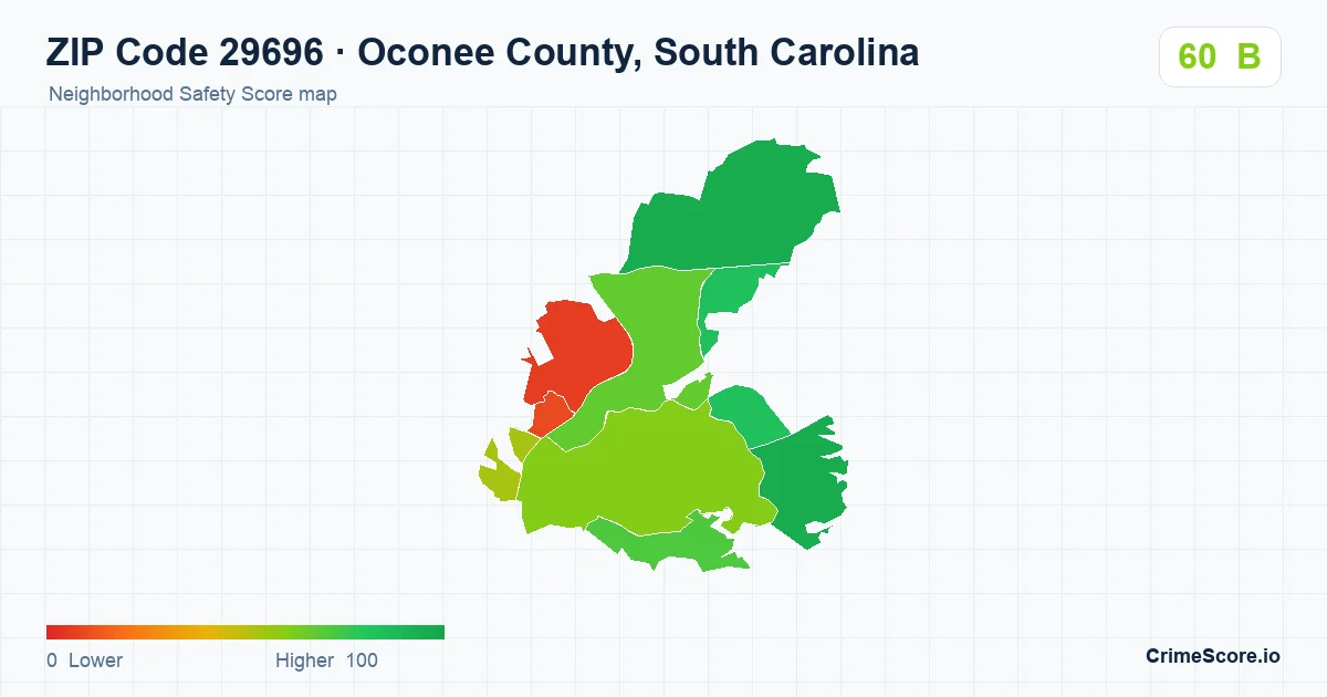 ZIP Code 29696 in Oconee County, South Carolina neighborhood Safety Score map
