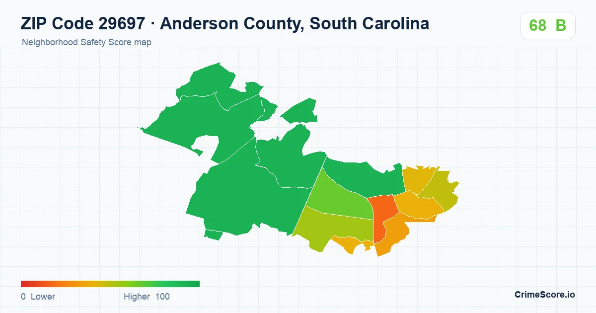 ZIP Code 29697 in Anderson County, South Carolina neighborhood Safety Score map
