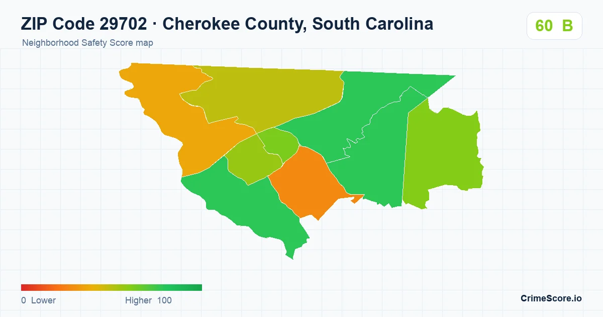 ZIP Code 29702 in Cherokee County, South Carolina neighborhood Safety Score map