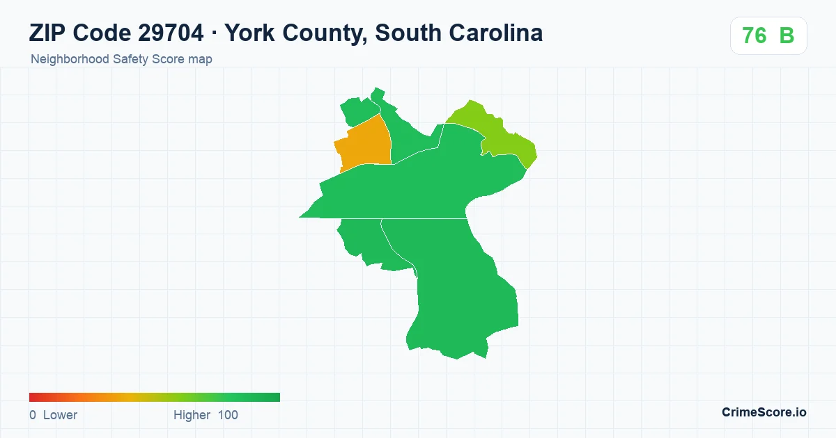 ZIP Code 29704 in York County, South Carolina neighborhood Safety Score map