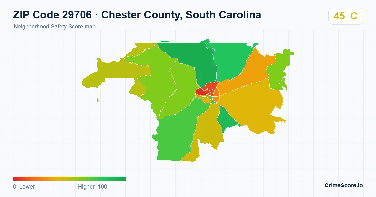 ZIP Code 29706 in Chester County, South Carolina neighborhood Safety Score map