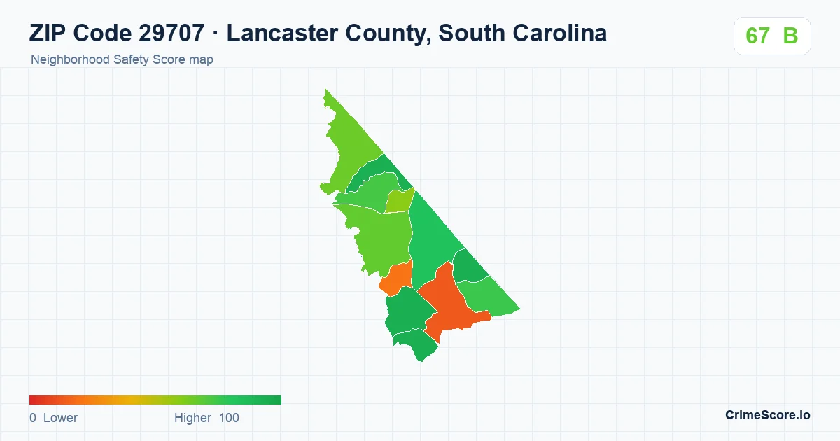 ZIP Code 29707 in Lancaster County, South Carolina neighborhood Safety Score map
