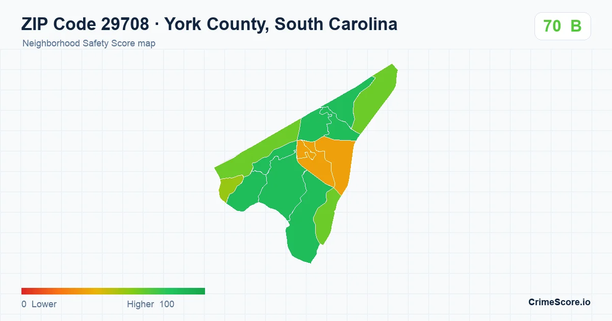 ZIP Code 29708 in York County, South Carolina neighborhood Safety Score map