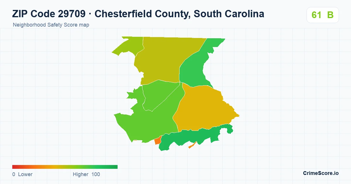 ZIP Code 29709 in Chesterfield County, South Carolina neighborhood Safety Score map