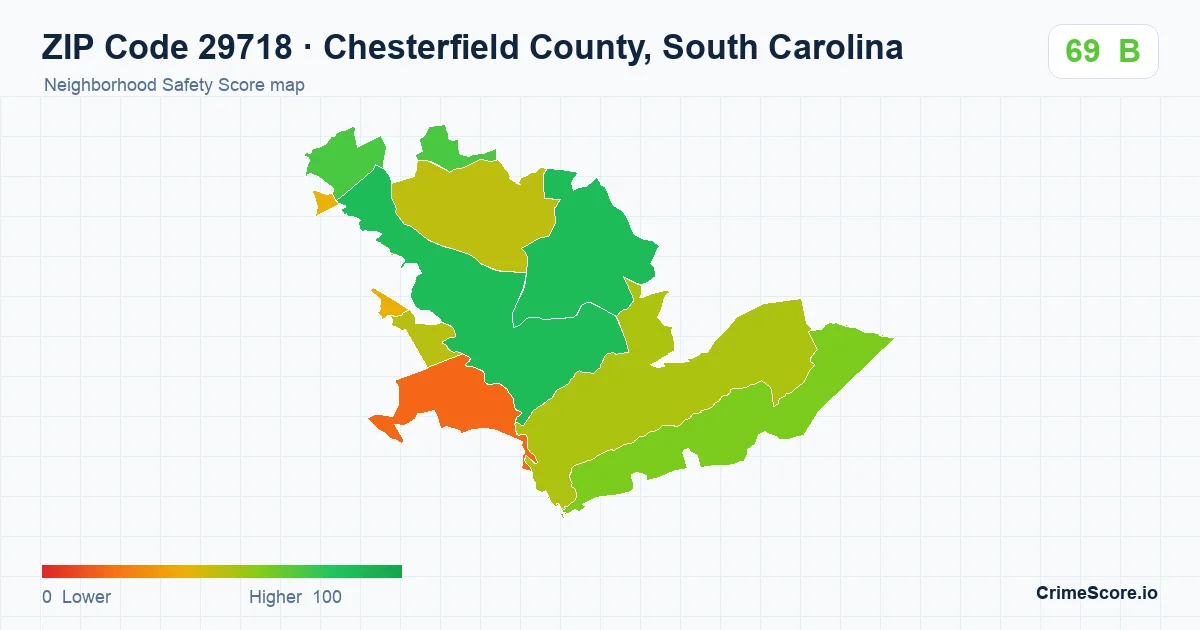 ZIP Code 29718 in Chesterfield County, South Carolina neighborhood Safety Score map