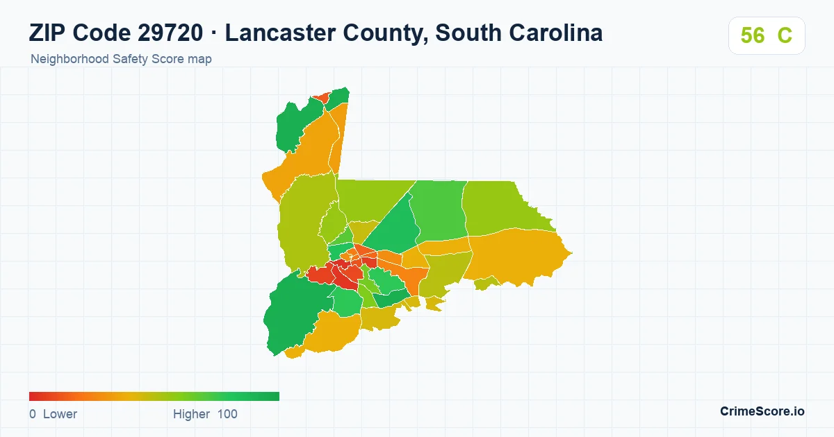 ZIP Code 29720 in Lancaster County, South Carolina neighborhood Safety Score map