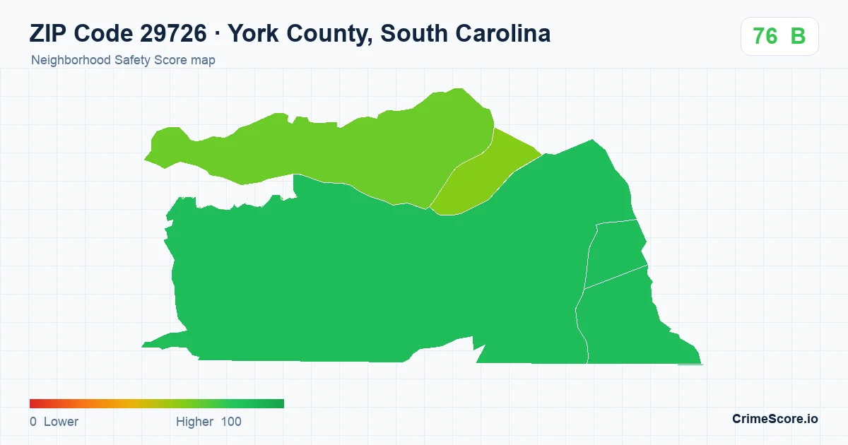 ZIP Code 29726 in York County, South Carolina neighborhood Safety Score map