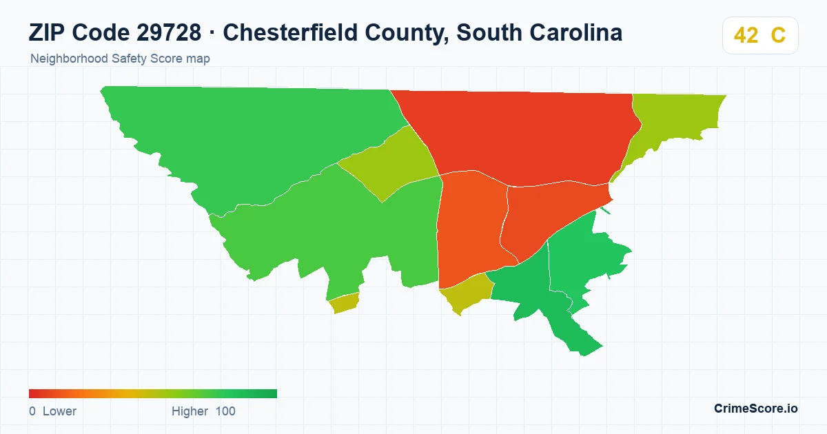 ZIP Code 29728 in Chesterfield County, South Carolina neighborhood Safety Score map