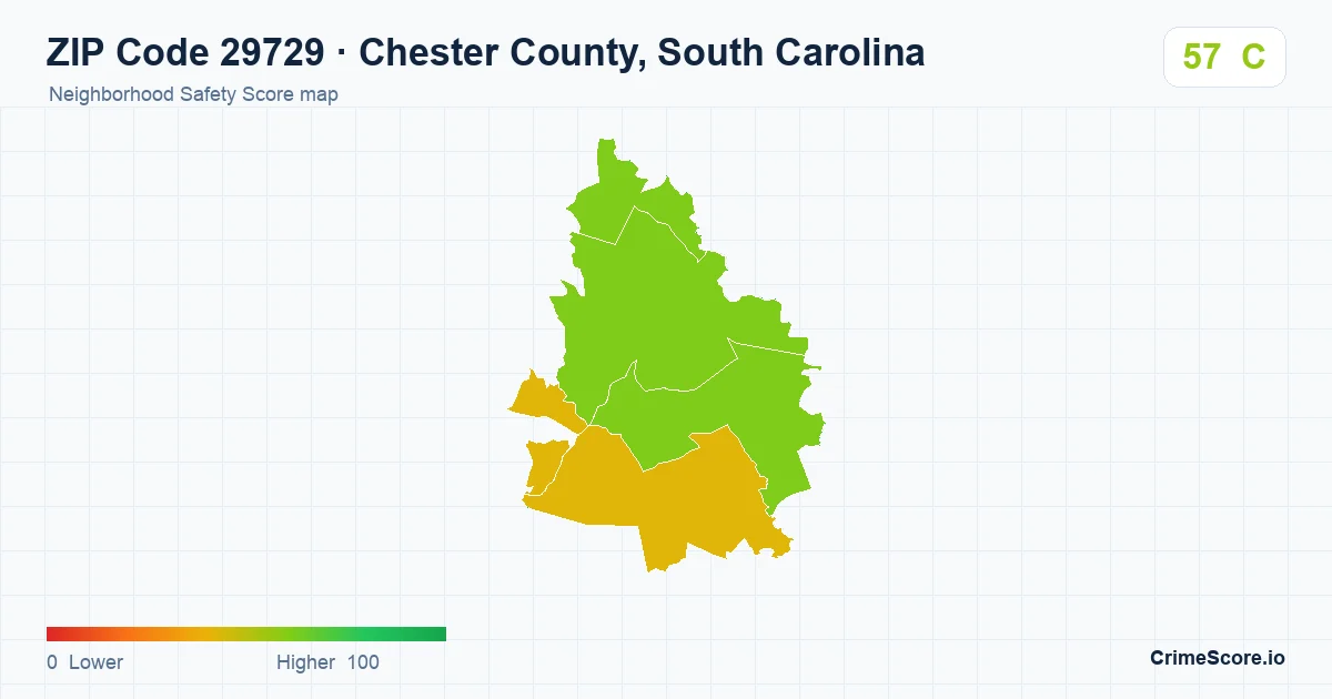 ZIP Code 29729 in Chester County, South Carolina neighborhood Safety Score map