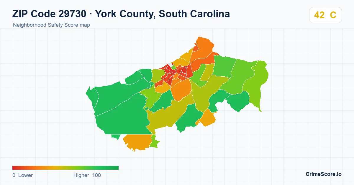 ZIP Code 29730 in York County, South Carolina neighborhood Safety Score map