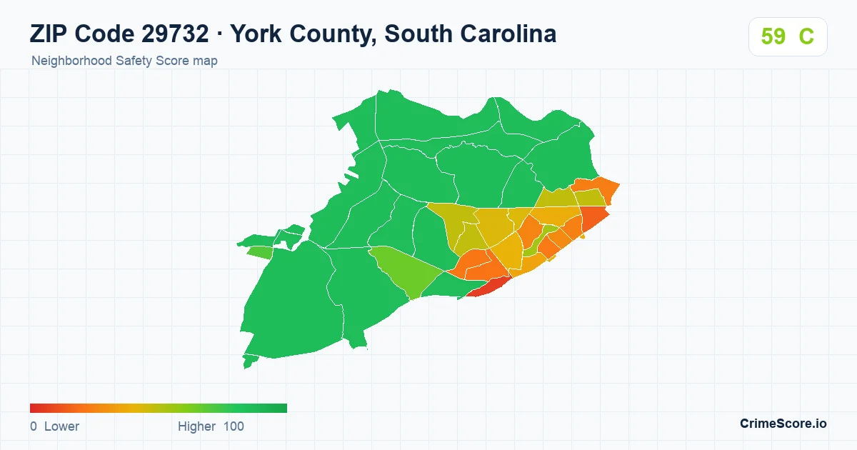 ZIP Code 29732 in York County, South Carolina neighborhood Safety Score map