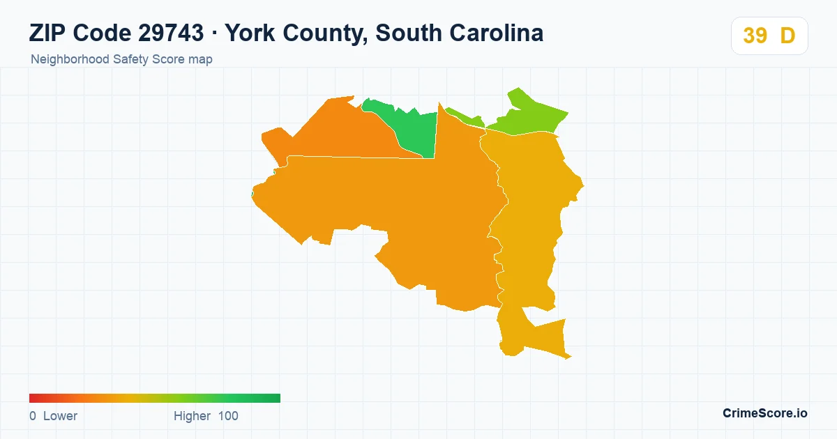 ZIP Code 29743 in York County, South Carolina neighborhood Safety Score map