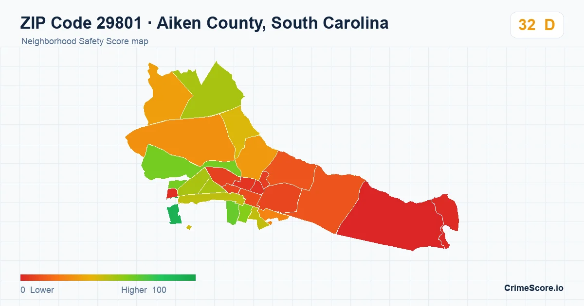 ZIP Code 29801 in Aiken County, South Carolina neighborhood Safety Score map