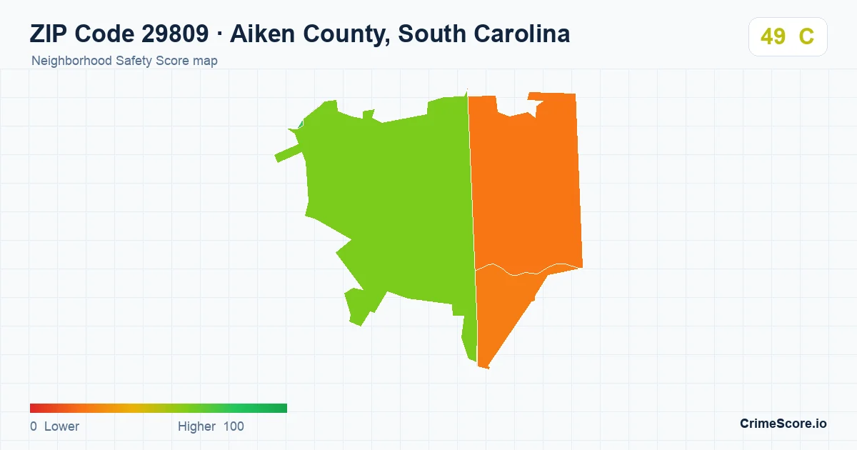 ZIP Code 29809 in Aiken County, South Carolina neighborhood Safety Score map