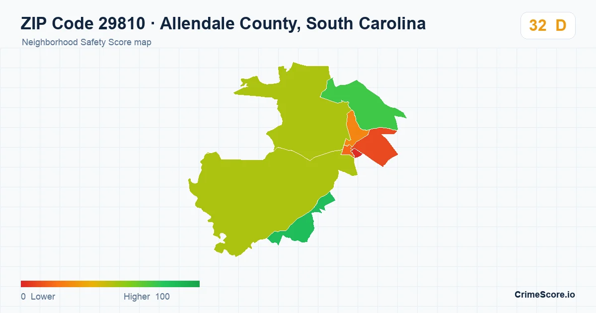 ZIP Code 29810 in Allendale County, South Carolina neighborhood Safety Score map