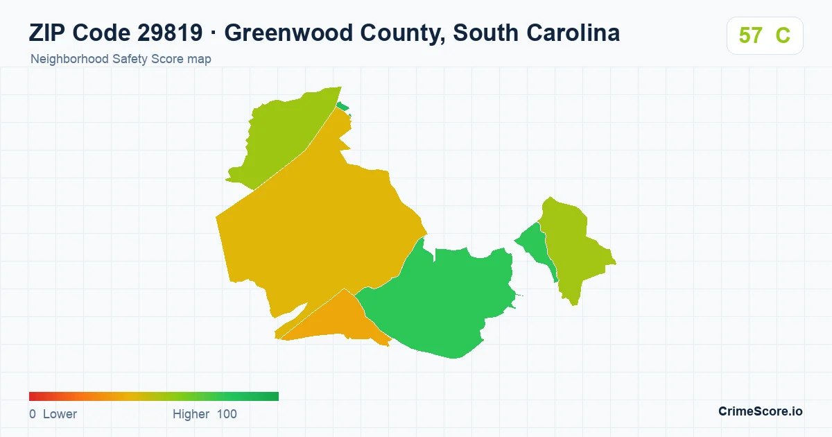 ZIP Code 29819 in Greenwood County, South Carolina neighborhood Safety Score map
