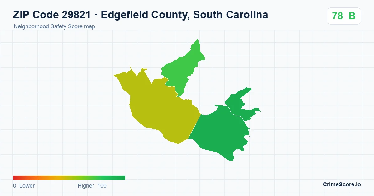 ZIP Code 29821 in Edgefield County, South Carolina neighborhood Safety Score map
