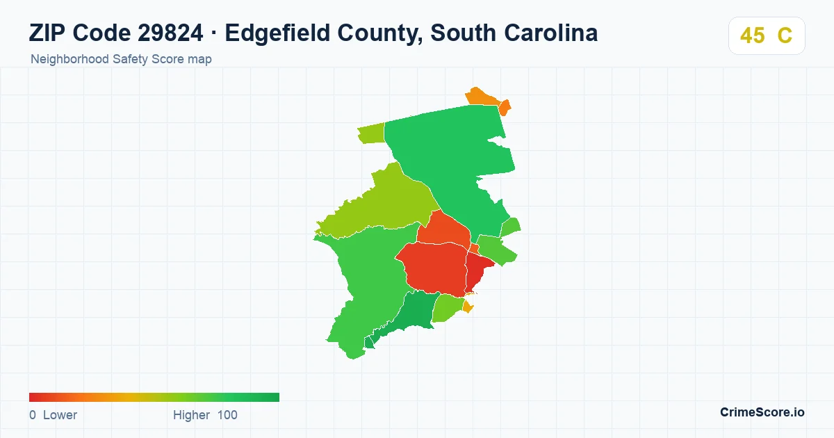 ZIP Code 29824 in Edgefield County, South Carolina neighborhood Safety Score map