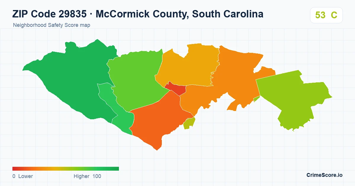 ZIP Code 29835 in McCormick County, South Carolina neighborhood Safety Score map