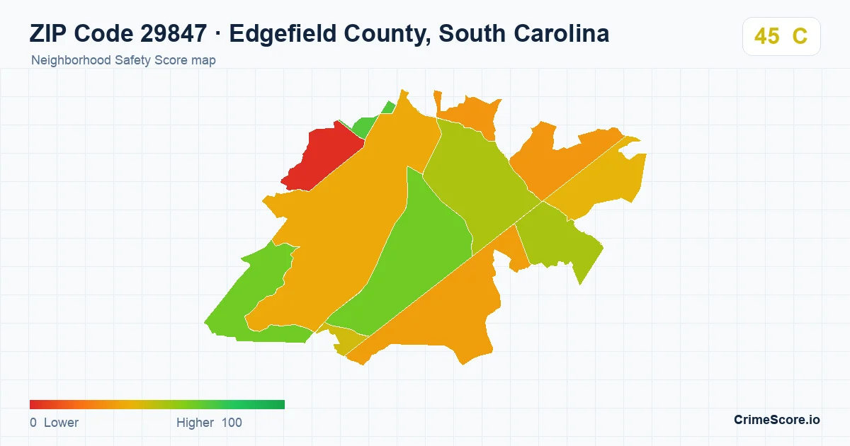 ZIP Code 29847 in Edgefield County, South Carolina neighborhood Safety Score map