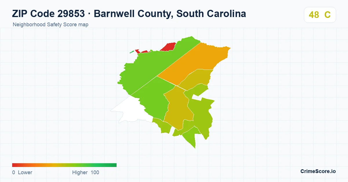 ZIP Code 29853 in Barnwell County, South Carolina neighborhood Safety Score map