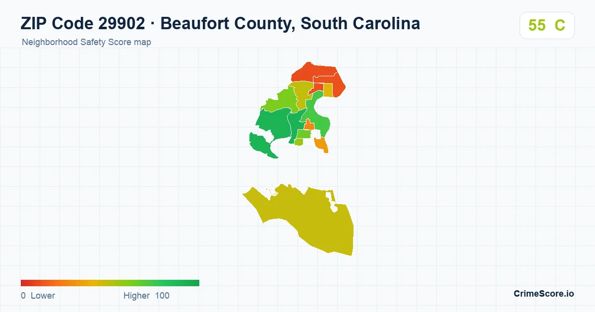 ZIP Code 29902 in Beaufort County, South Carolina neighborhood Safety Score map