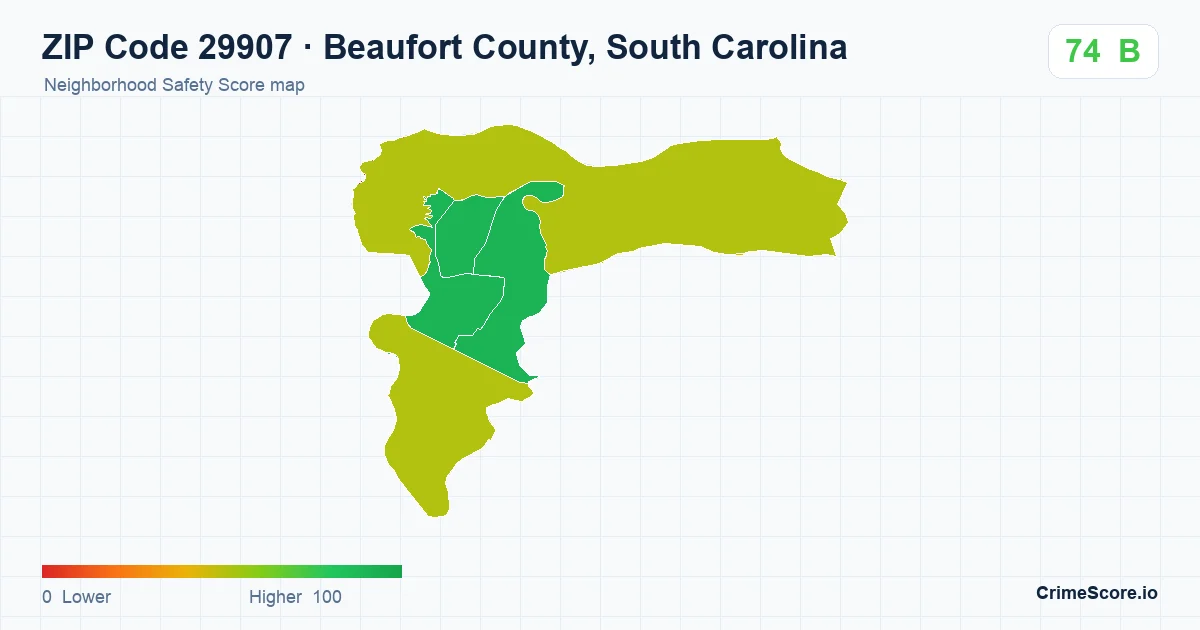 ZIP Code 29907 in Beaufort County, South Carolina neighborhood Safety Score map