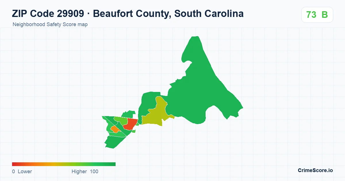 ZIP Code 29909 in Beaufort County, South Carolina neighborhood Safety Score map