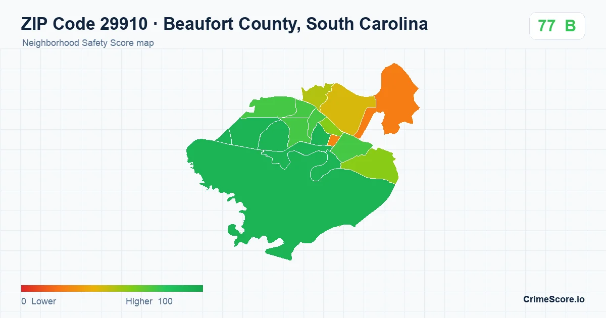 ZIP Code 29910 in Beaufort County, South Carolina neighborhood Safety Score map