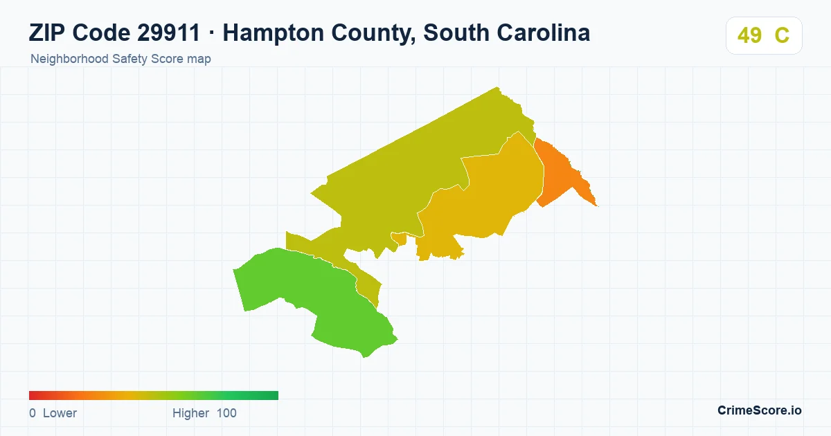ZIP Code 29911 in Hampton County, South Carolina neighborhood Safety Score map