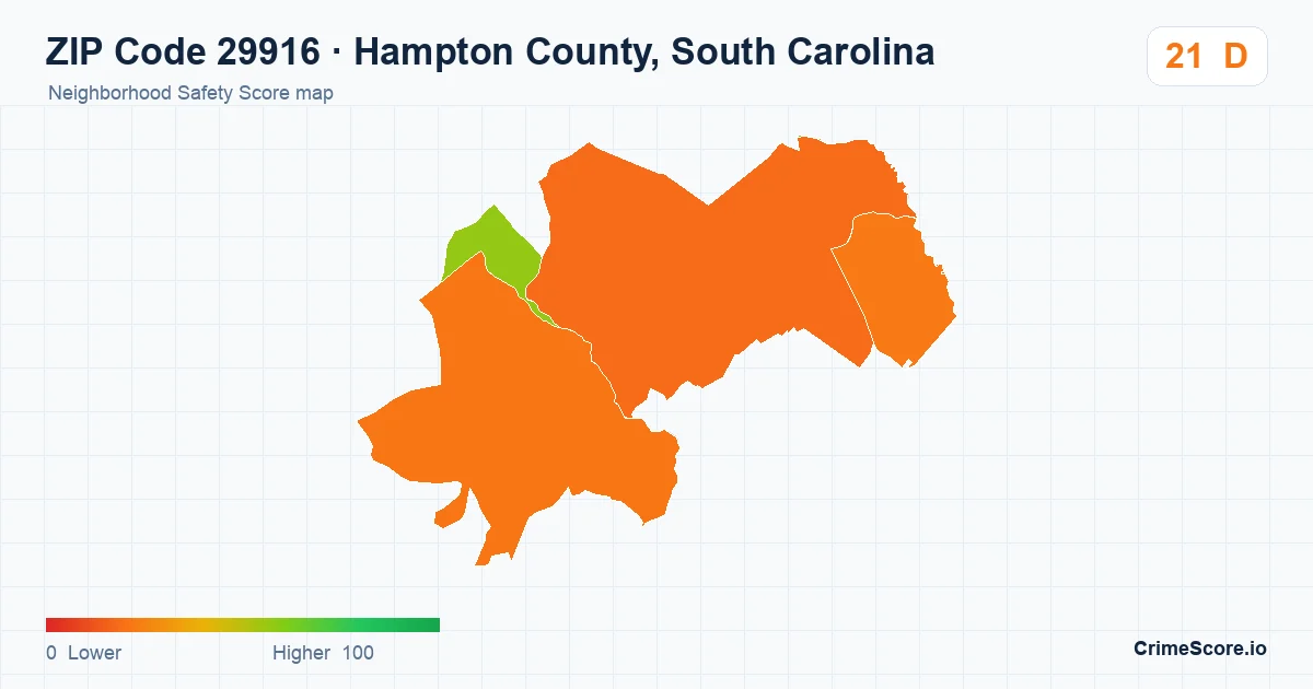 ZIP Code 29916 in Hampton County, South Carolina neighborhood Safety Score map