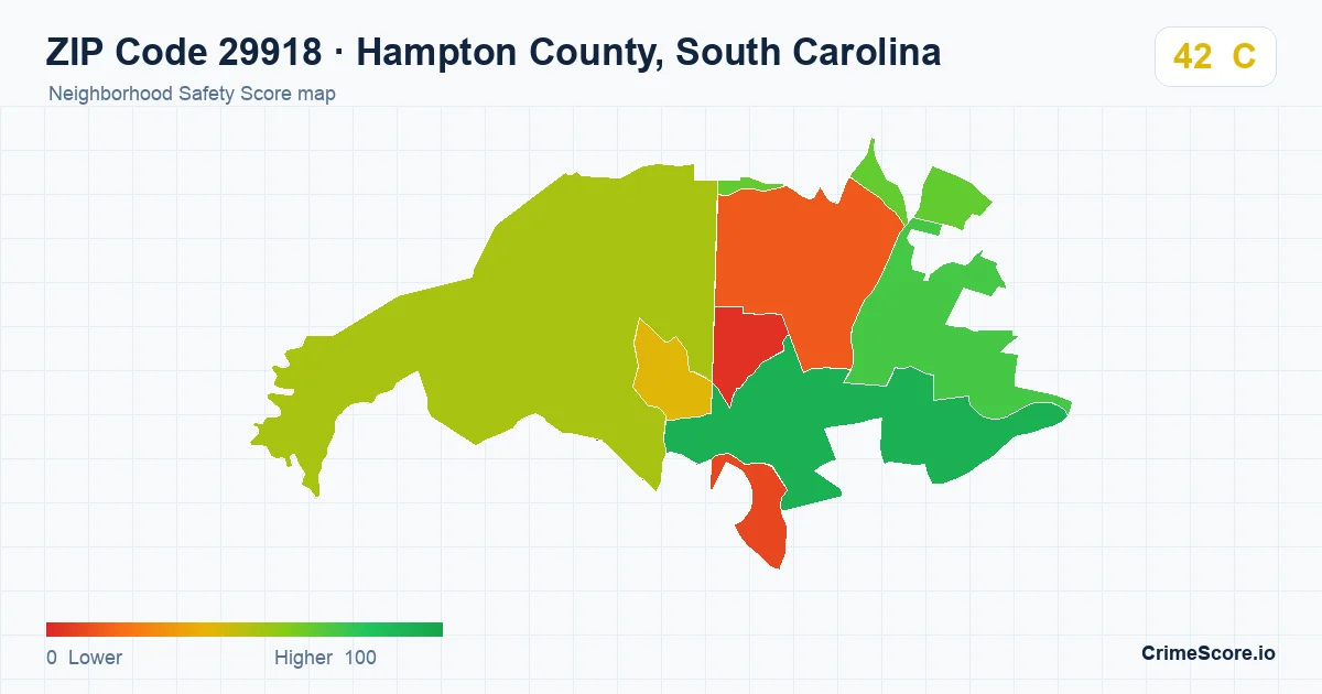 ZIP Code 29918 in Hampton County, South Carolina neighborhood Safety Score map