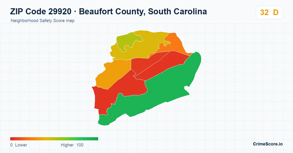 ZIP Code 29920 in Beaufort County, South Carolina neighborhood Safety Score map