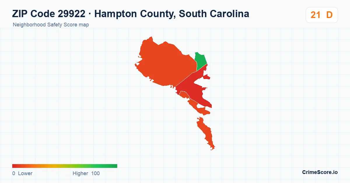 ZIP Code 29922 in Hampton County, South Carolina neighborhood Safety Score map