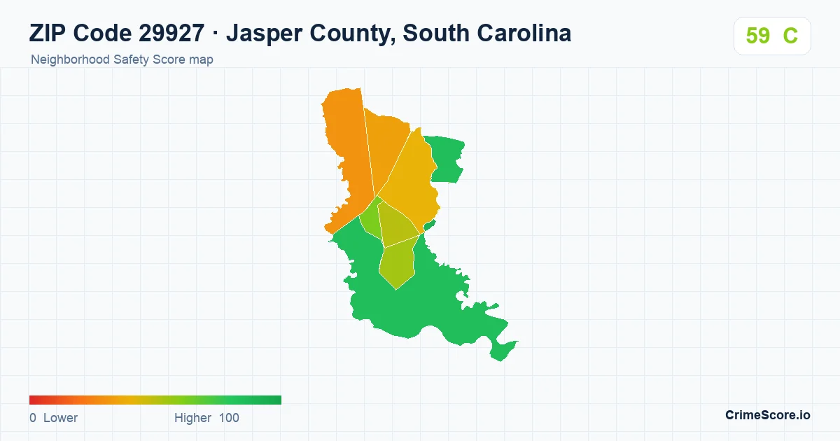 ZIP Code 29927 in Jasper County, South Carolina neighborhood Safety Score map