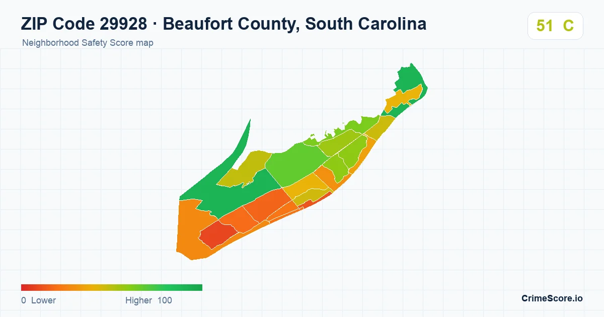 ZIP Code 29928 in Beaufort County, South Carolina neighborhood Safety Score map
