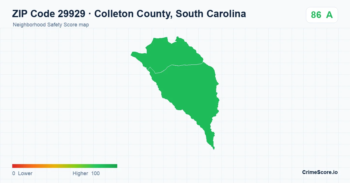 ZIP Code 29929 in Colleton County, South Carolina neighborhood Safety Score map
