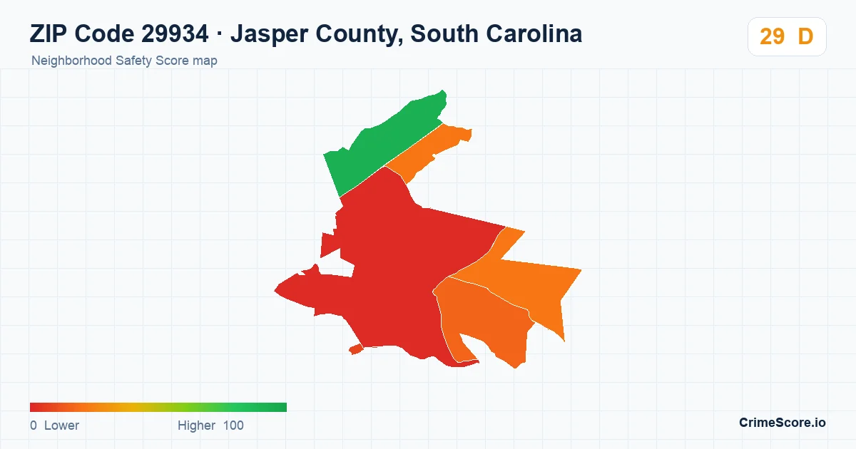 ZIP Code 29934 in Jasper County, South Carolina neighborhood Safety Score map