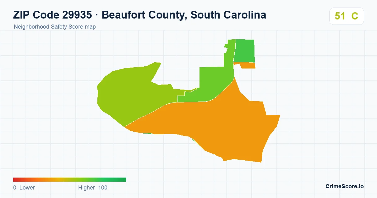 ZIP Code 29935 in Beaufort County, South Carolina neighborhood Safety Score map